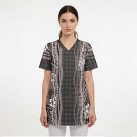 Hawaiian Art Flower Tribal with Lei Scrub Top Palaka Pattern Grayscale LT03 - Polynesian Pride