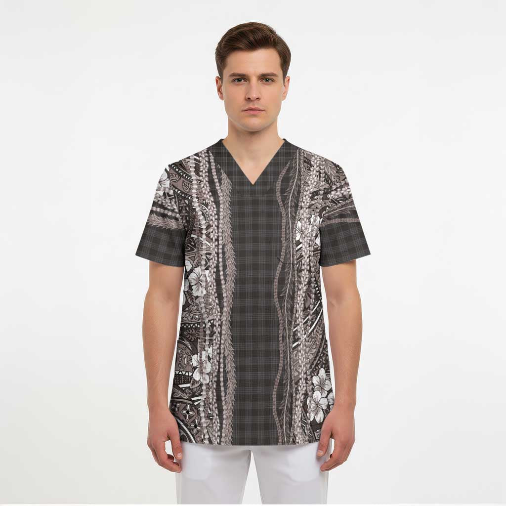 Hawaiian Art Flower Tribal with Lei Scrub Top Palaka Pattern Grayscale LT03 - Polynesian Pride