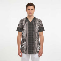 Hawaiian Art Flower Tribal with Lei Scrub Top Palaka Pattern Grayscale LT03 - Polynesian Pride