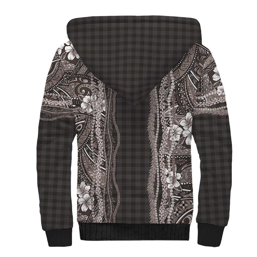 Hawaiian Art Flower Tribal with Lei Sherpa Hoodie Palaka Pattern Grayscale LT03 - Polynesian Pride