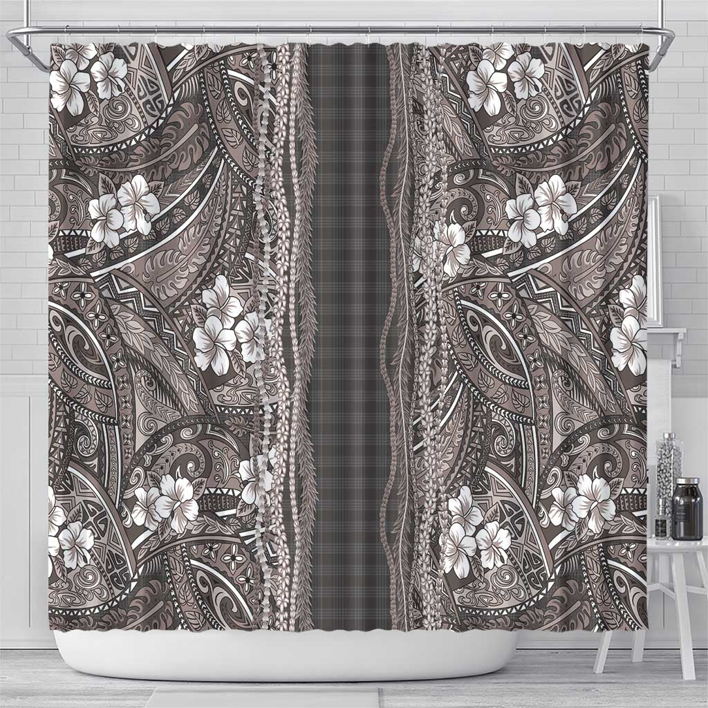 Hawaiian Art Flower Tribal with Lei Shower Curtain Palaka Pattern Grayscale LT03 - Polynesian Pride
