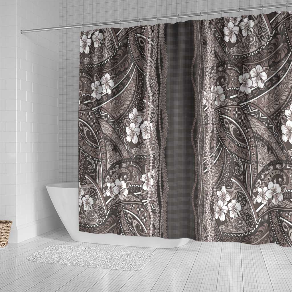 Hawaiian Art Flower Tribal with Lei Shower Curtain Palaka Pattern Grayscale LT03 - Polynesian Pride
