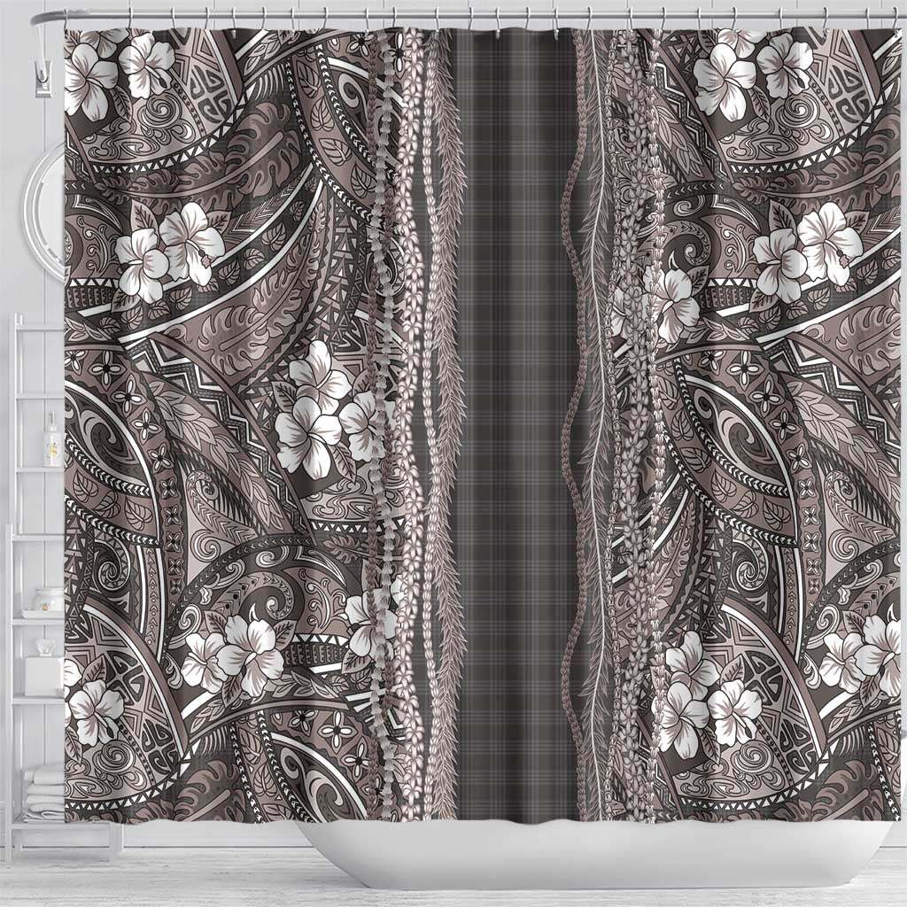 Hawaiian Art Flower Tribal with Lei Shower Curtain Palaka Pattern Grayscale LT03 - Polynesian Pride