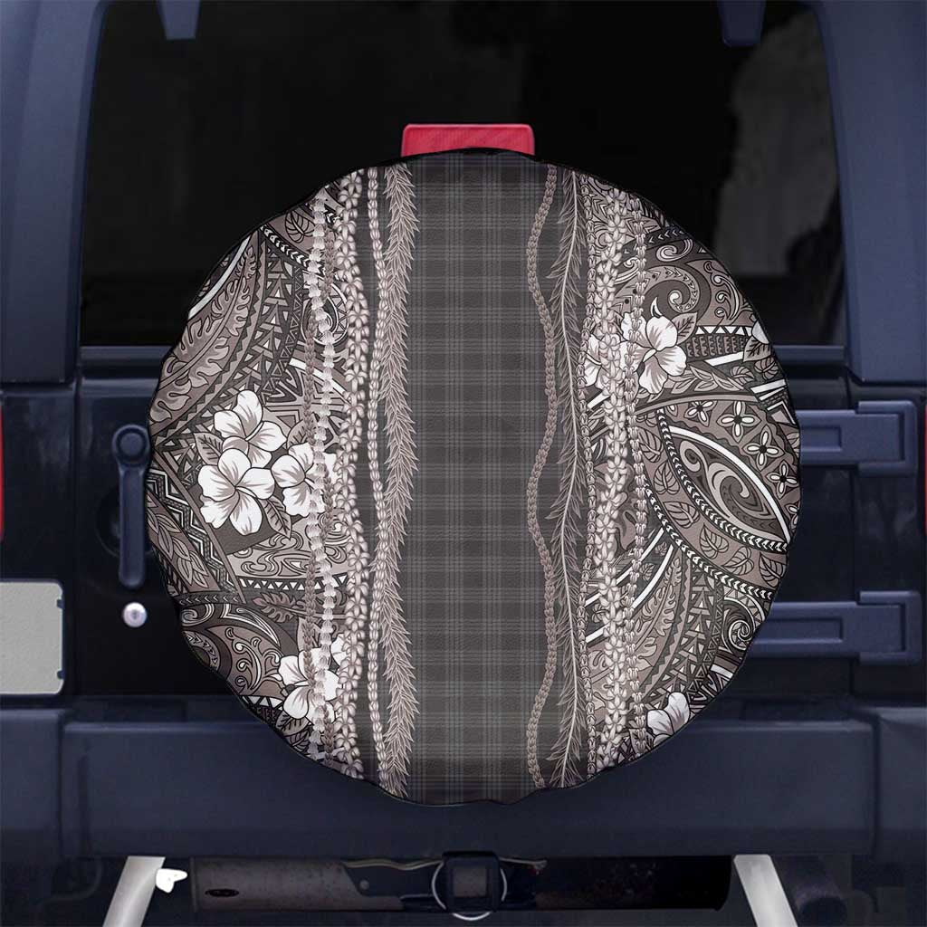 Hawaiian Art Flower Tribal with Lei Spare Tire Cover Palaka Pattern Grayscale LT03 No hole Gray - Polynesian Pride
