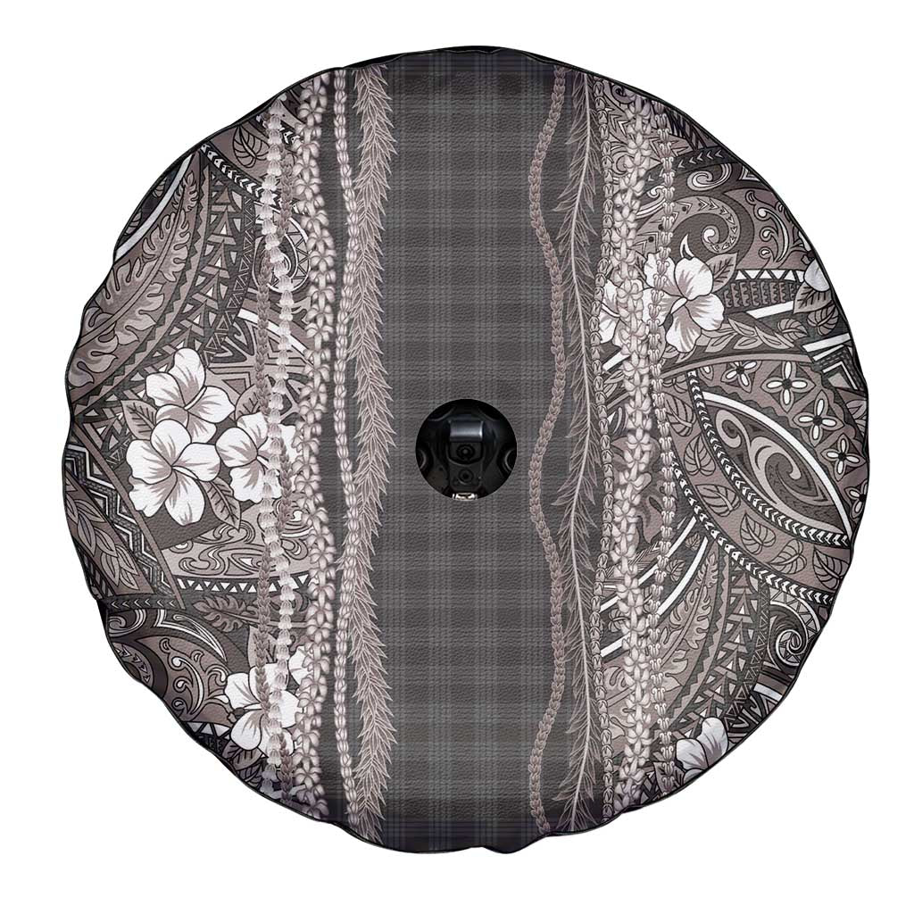 Hawaiian Art Flower Tribal with Lei Spare Tire Cover Palaka Pattern Grayscale LT03 - Polynesian Pride