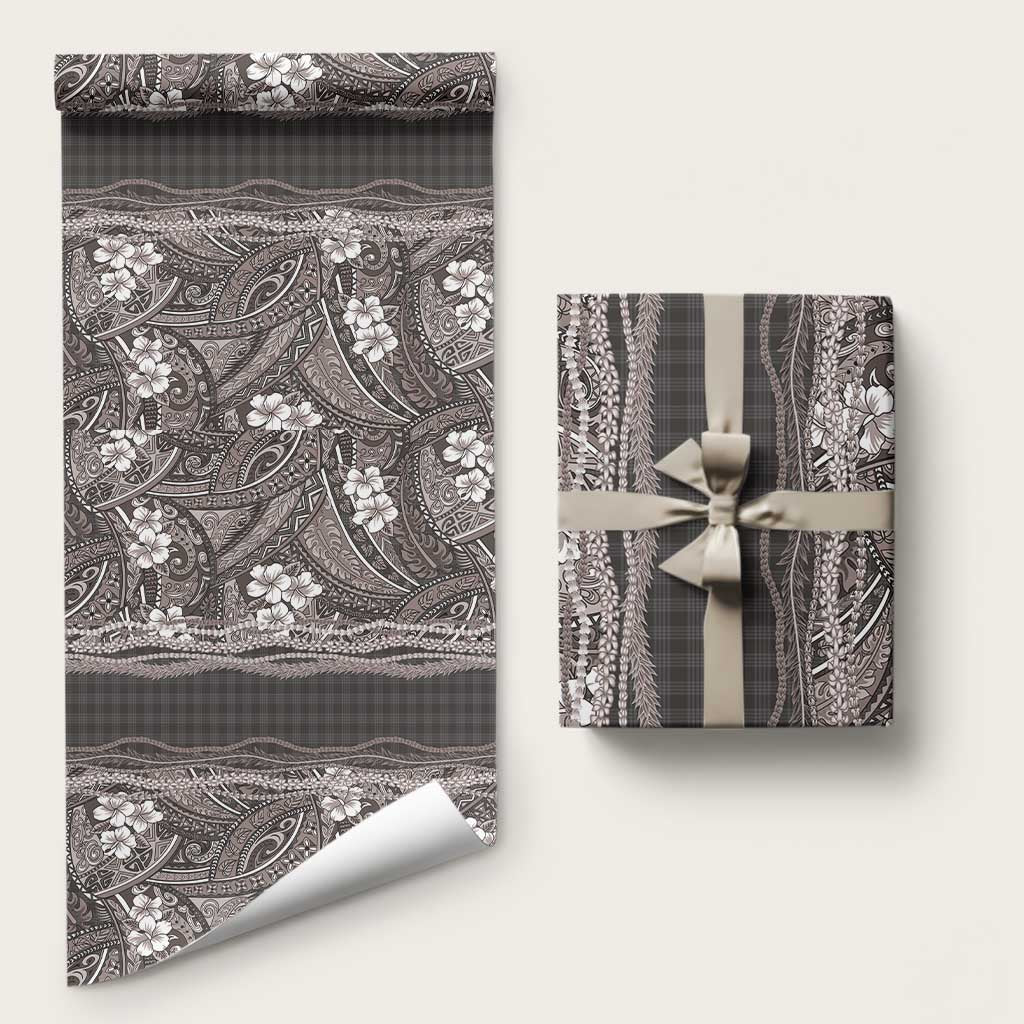 Hawaiian Art Flower Tribal with Lei Wrapping Paper Palaka Pattern Grayscale LT03 58" × 23" Gray - Polynesian Pride