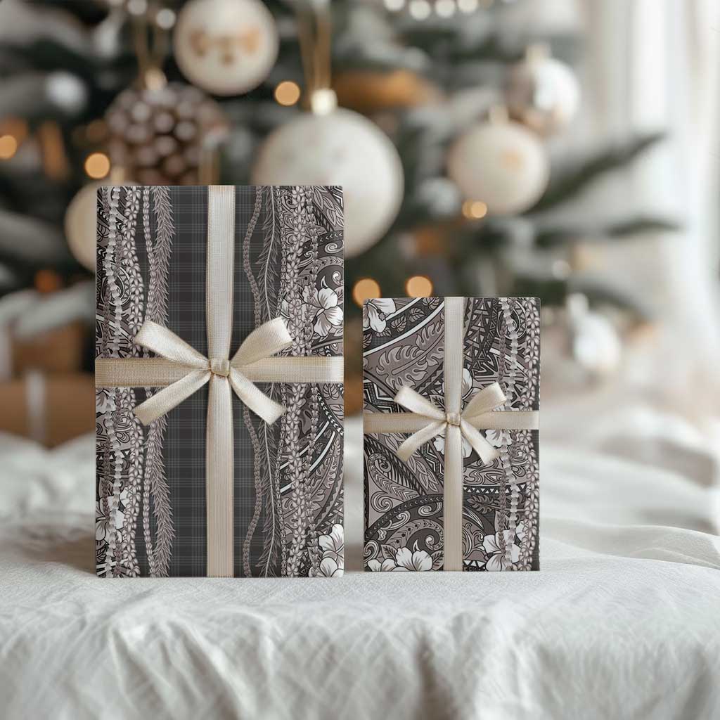 Hawaiian Art Flower Tribal with Lei Wrapping Paper Palaka Pattern Grayscale LT03 - Polynesian Pride