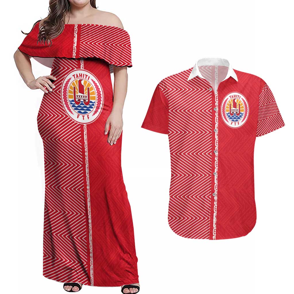 Custom Tahiti Football-Iron Warriors Couples Matching Off Shoulder Maxi Dress and Hawaiian Shirt