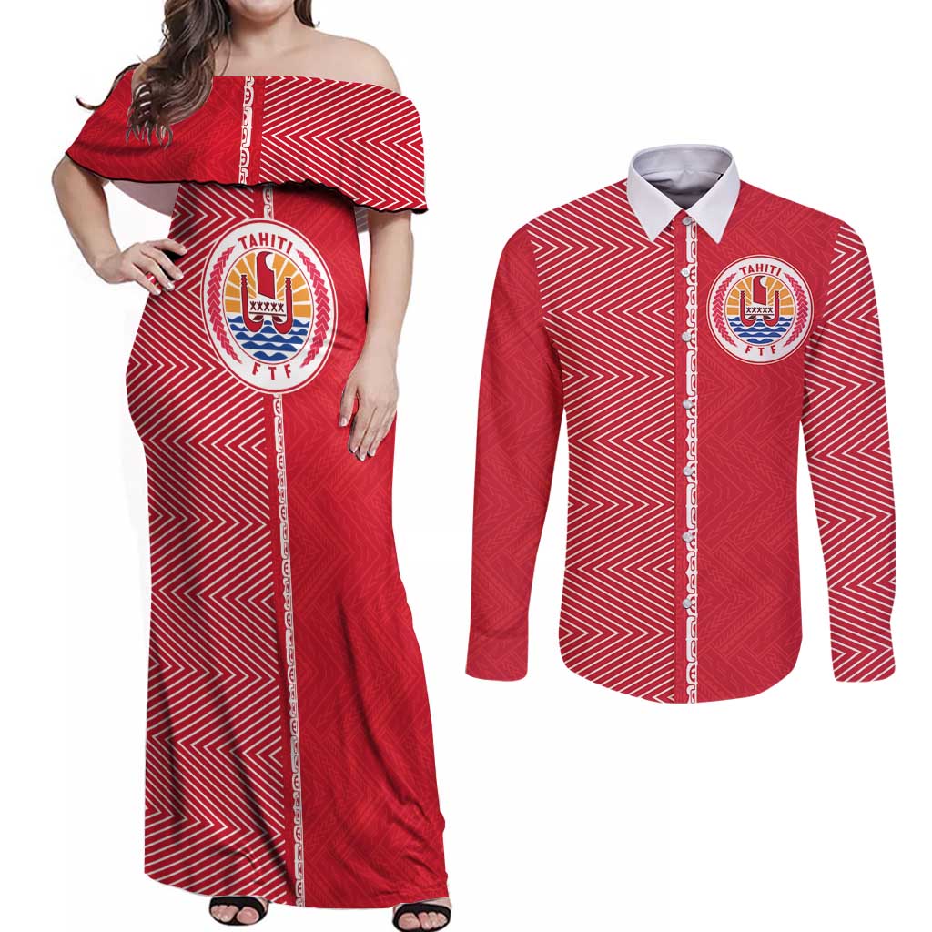 Custom Tahiti Football-Iron Warriors Couples Matching Off Shoulder Maxi Dress and Long Sleeve Button Shirt