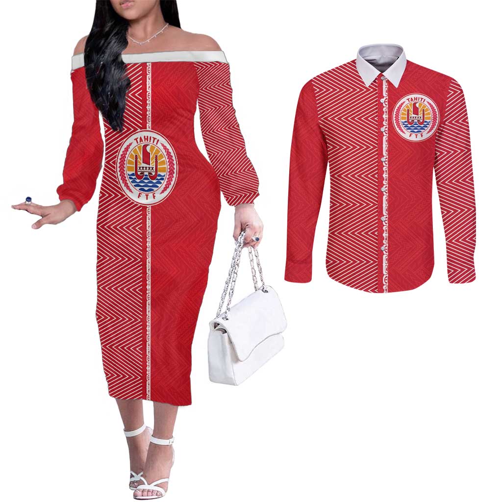 Custom Tahiti Football-Iron Warriors Couples Matching Off The Shoulder Long Sleeve Dress and Long Sleeve Button Shirt