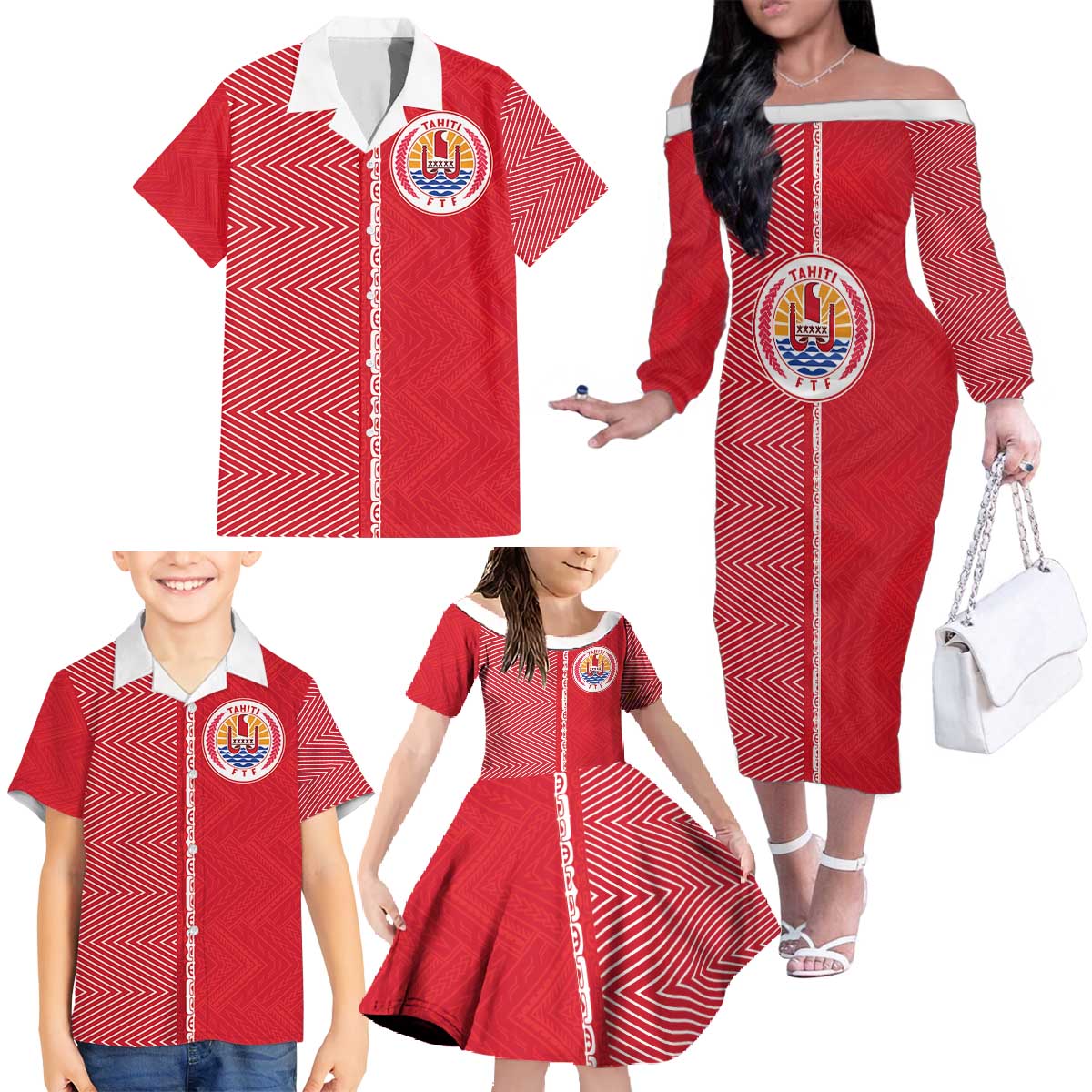 Custom Tahiti Football-Iron Warriors Family Matching Off The Shoulder Long Sleeve Dress and Hawaiian Shirt