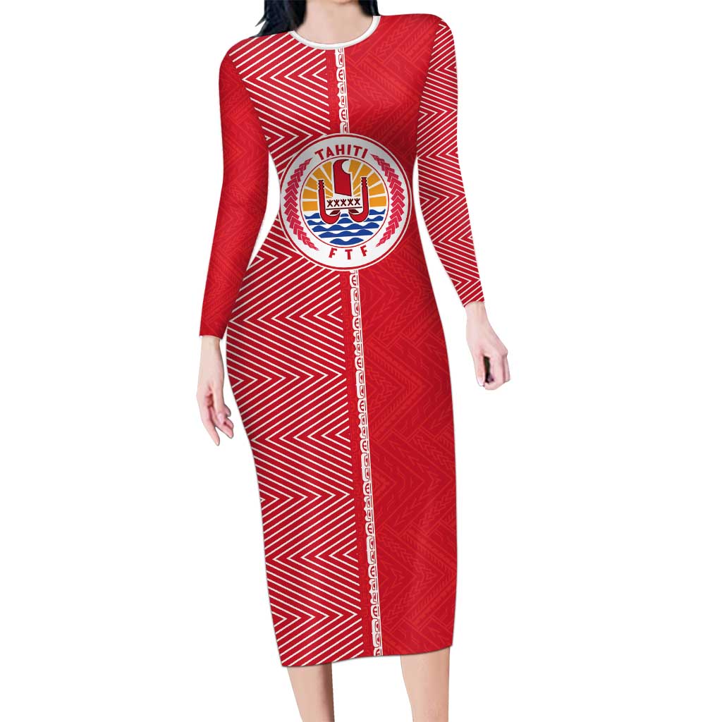 Custom Tahiti Football-Iron Warriors Long Sleeve Bodycon Dress LT03 Long Dress Red - Polynesian Pride