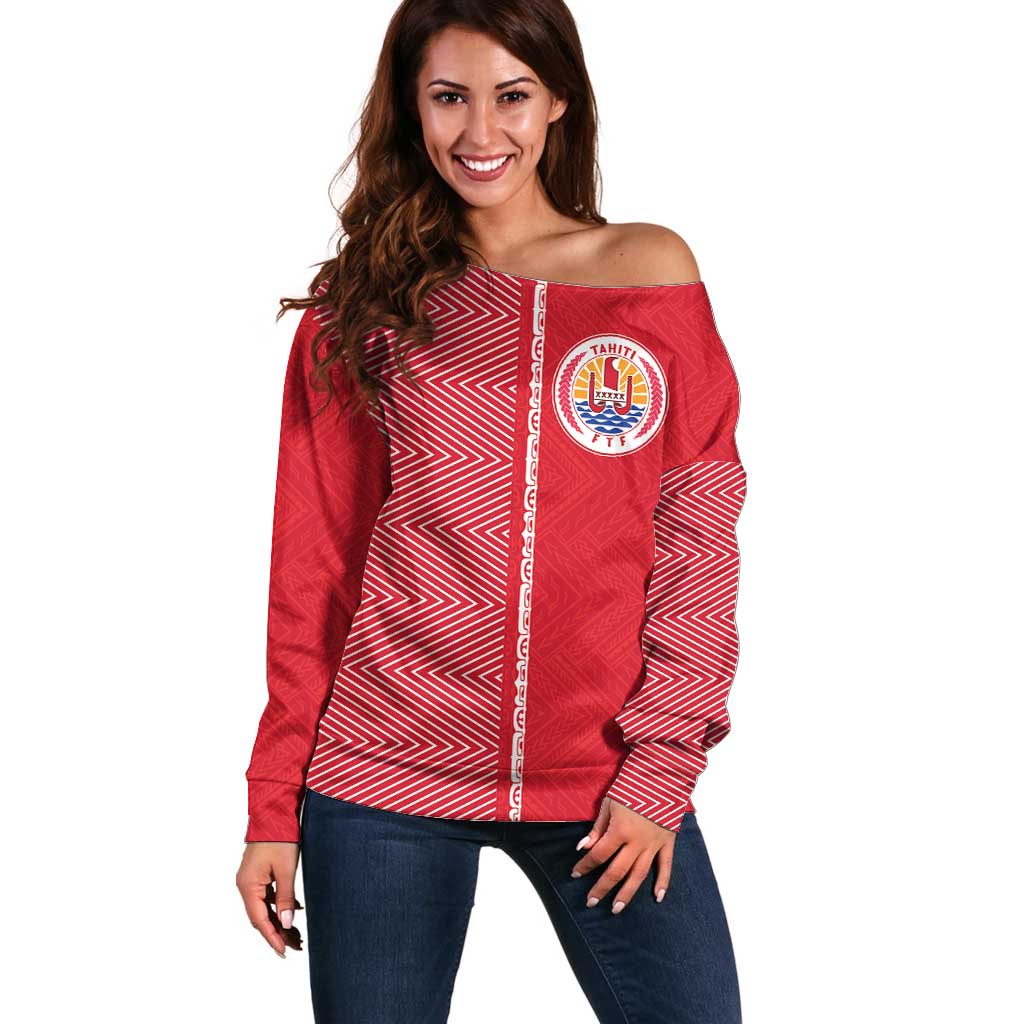 Custom Tahiti Football-Iron Warriors Off Shoulder Sweater LT03 Women Red - Polynesian Pride