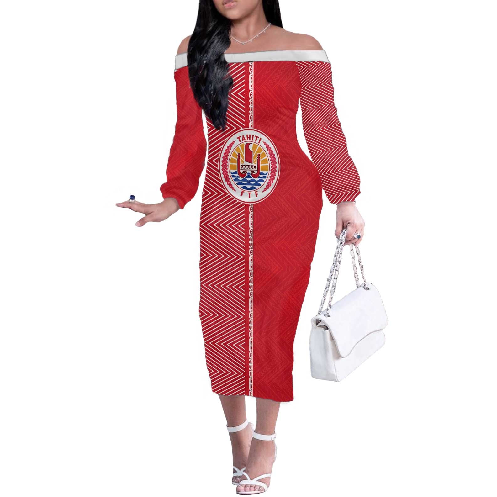 Custom Tahiti Football-Iron Warriors Off The Shoulder Long Sleeve Dress