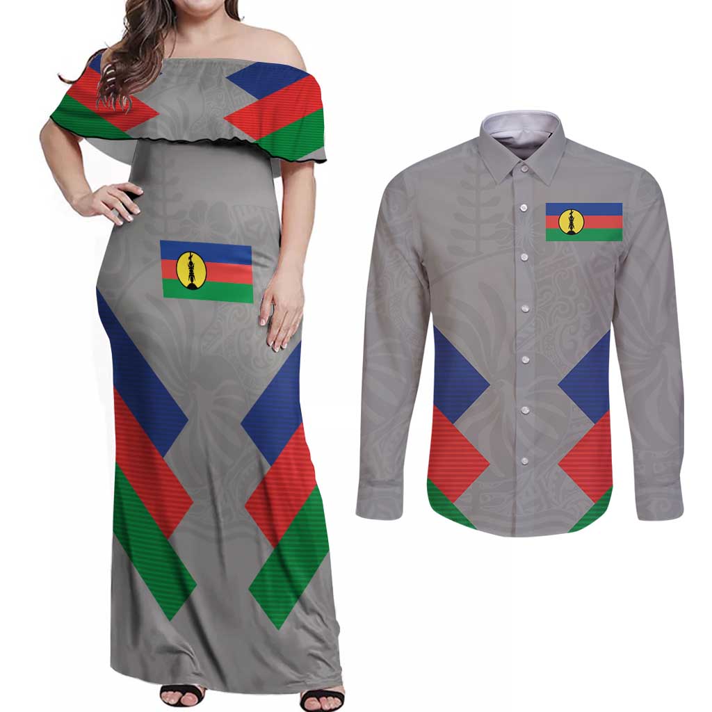 Custom New Caledonia-The Kagus Couples Matching Off Shoulder Maxi Dress and Long Sleeve Button Shirt