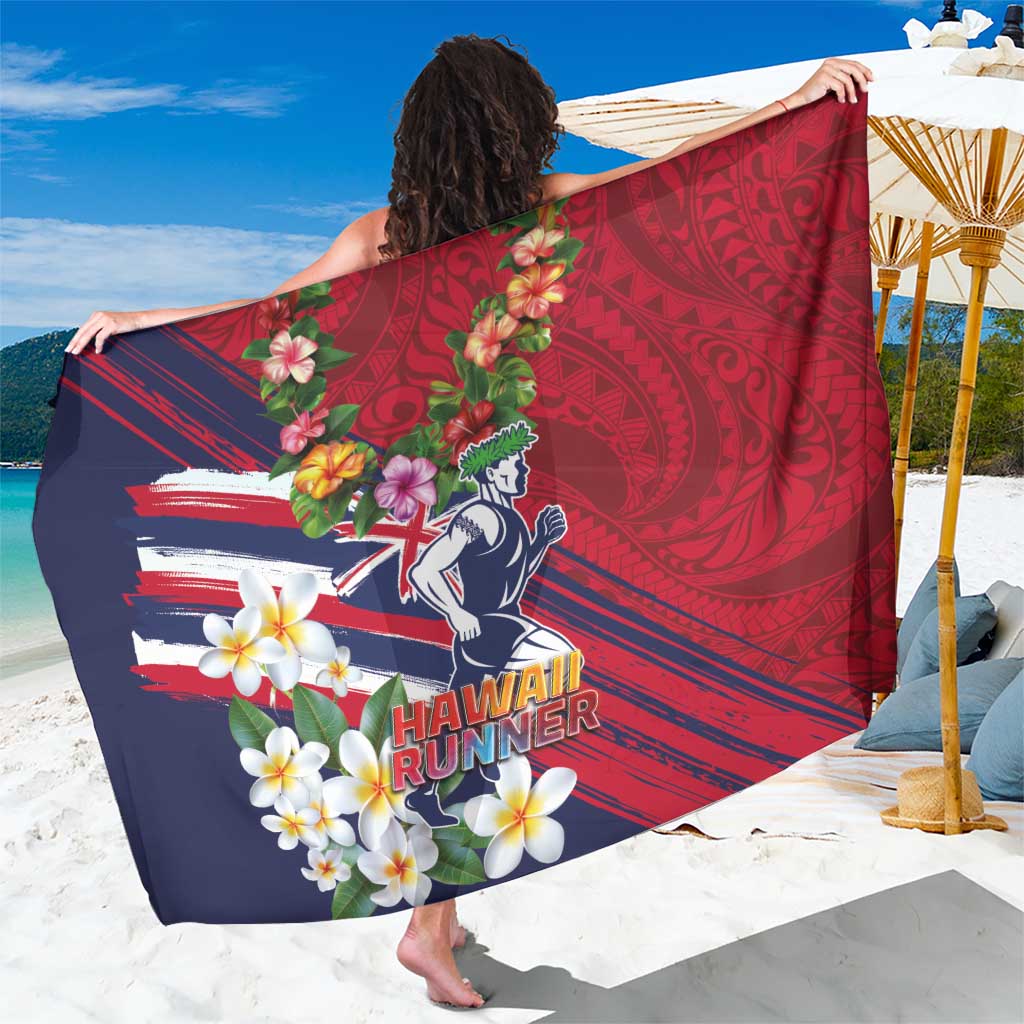 Hawaii Runner-Kakau Art with Lei and Plumeria Sarong LT03 One Size 44 x 66 inches Red-Blue - Polynesian Pride