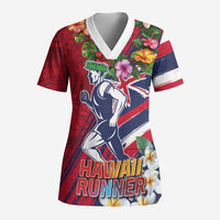 Hawaii Runner-Kakau Art with Lei and Plumeria Scrub Top LT03 Adult Red-Blue - Polynesian Pride