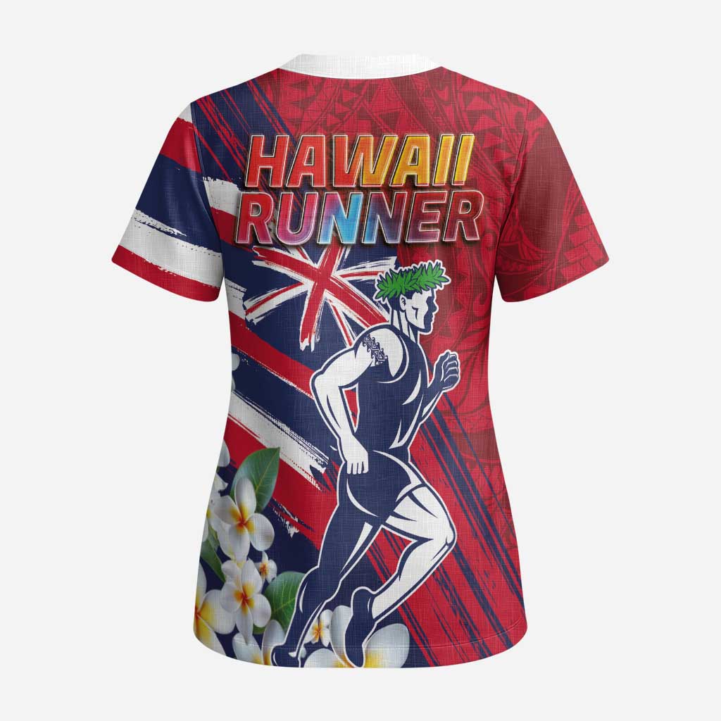 Hawaii Runner-Kakau Art with Lei and Plumeria Scrub Top LT03 - Polynesian Pride