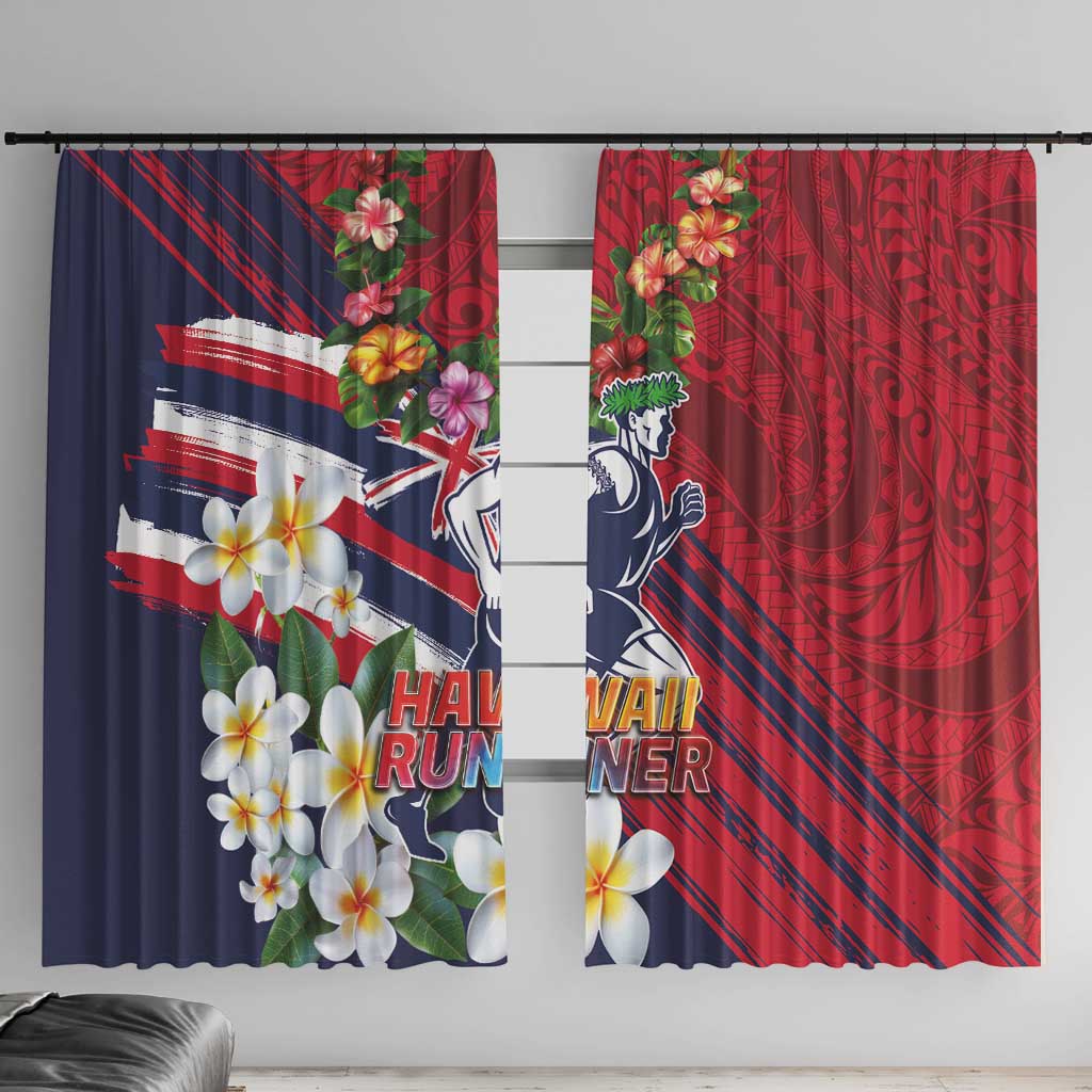Hawaii Runner-Kakau Art with Lei and Plumeria Window Curtain LT03 With Hooks Red-Blue - Polynesian Pride