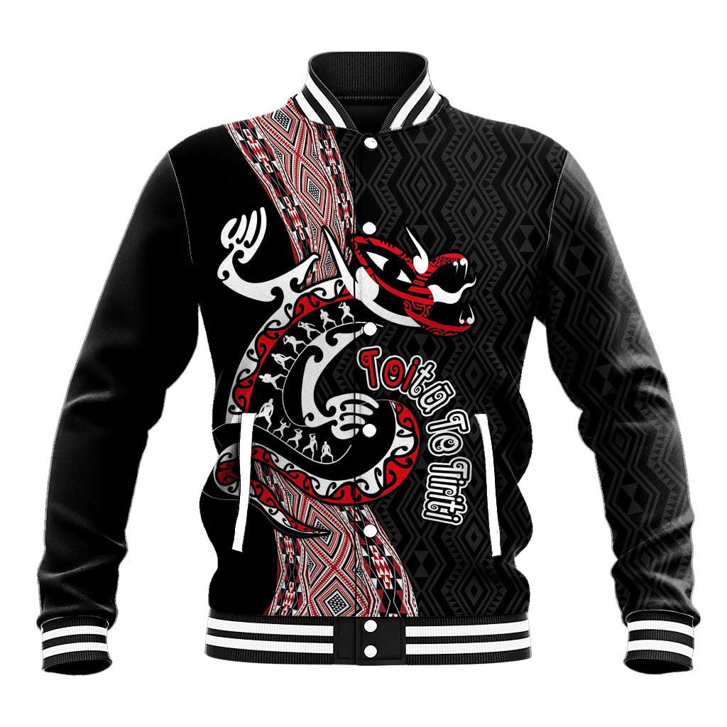 Aotearoa Toitu Te Tiriti Taniko Baseball Jacket Maori Taniwha Haka - Honour the Treaty LT03 Unisex Black - Polynesian Pride