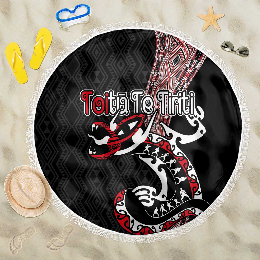 Aotearoa Toitu Te Tiriti Taniko Beach Blanket Maori Taniwha Haka - Honour the Treaty LT03 One Size 150cm Black - Polynesian Pride