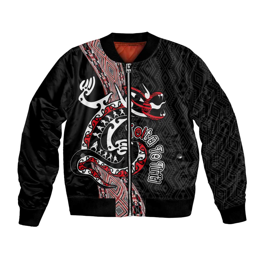 Aotearoa Toitu Te Tiriti Taniko Bomber Jacket Maori Taniwha Haka - Honour the Treaty LT03 Unisex Black - Polynesian Pride