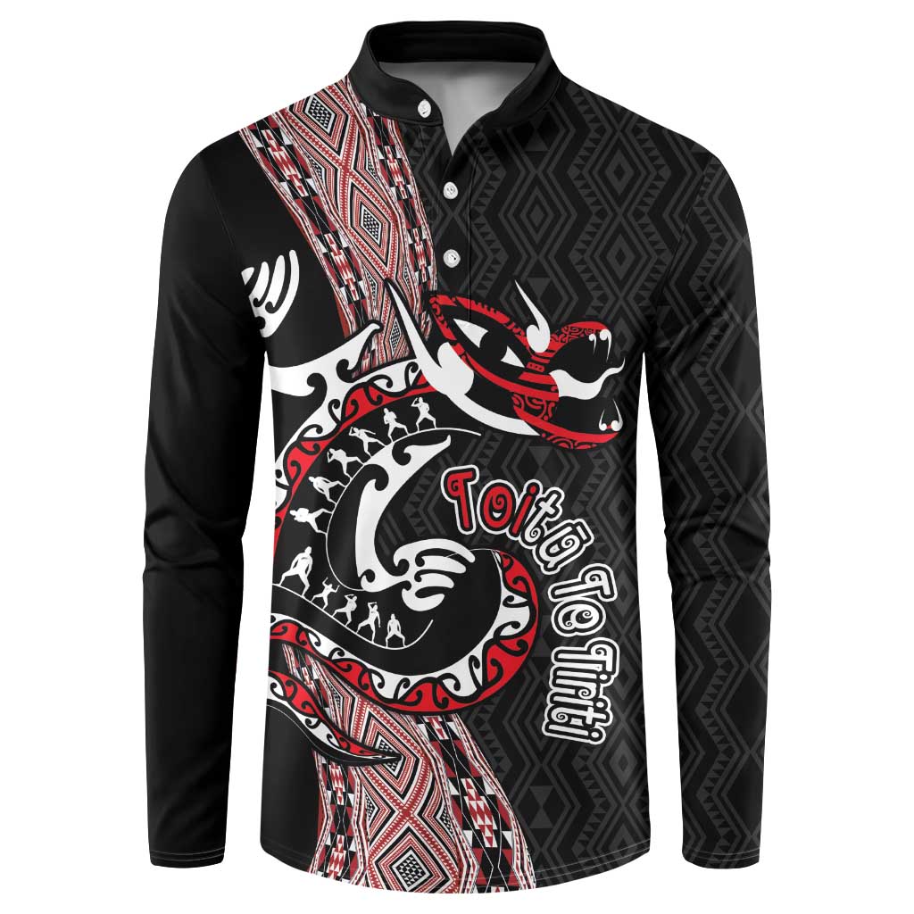 Aotearoa Toitu Te Tiriti Taniko Button Sweatshirt Maori Taniwha Haka - Honour the Treaty LT03 Black - Polynesian Pride