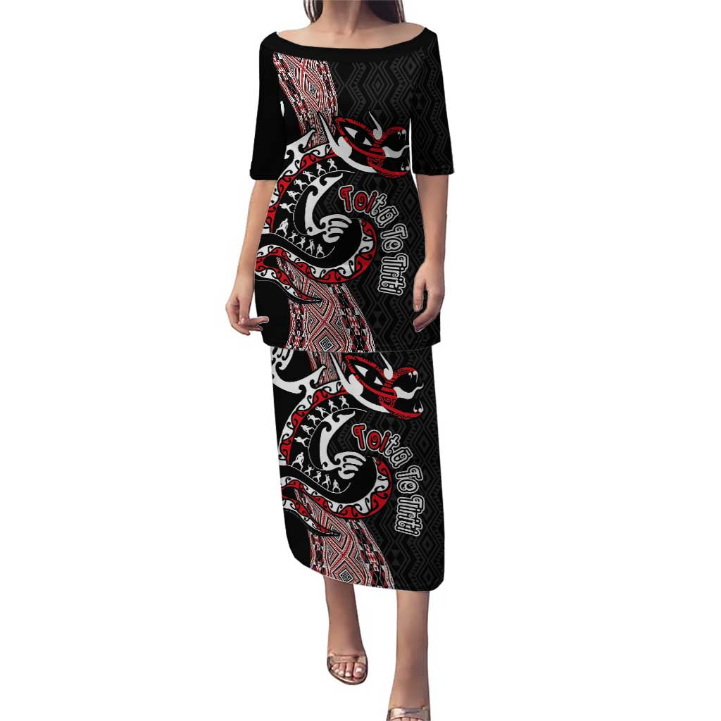 Aotearoa Toitu Te Tiriti Taniko Puletasi Maori Taniwha Haka - Honour the Treaty LT03 Long Dress Black - Polynesian Pride