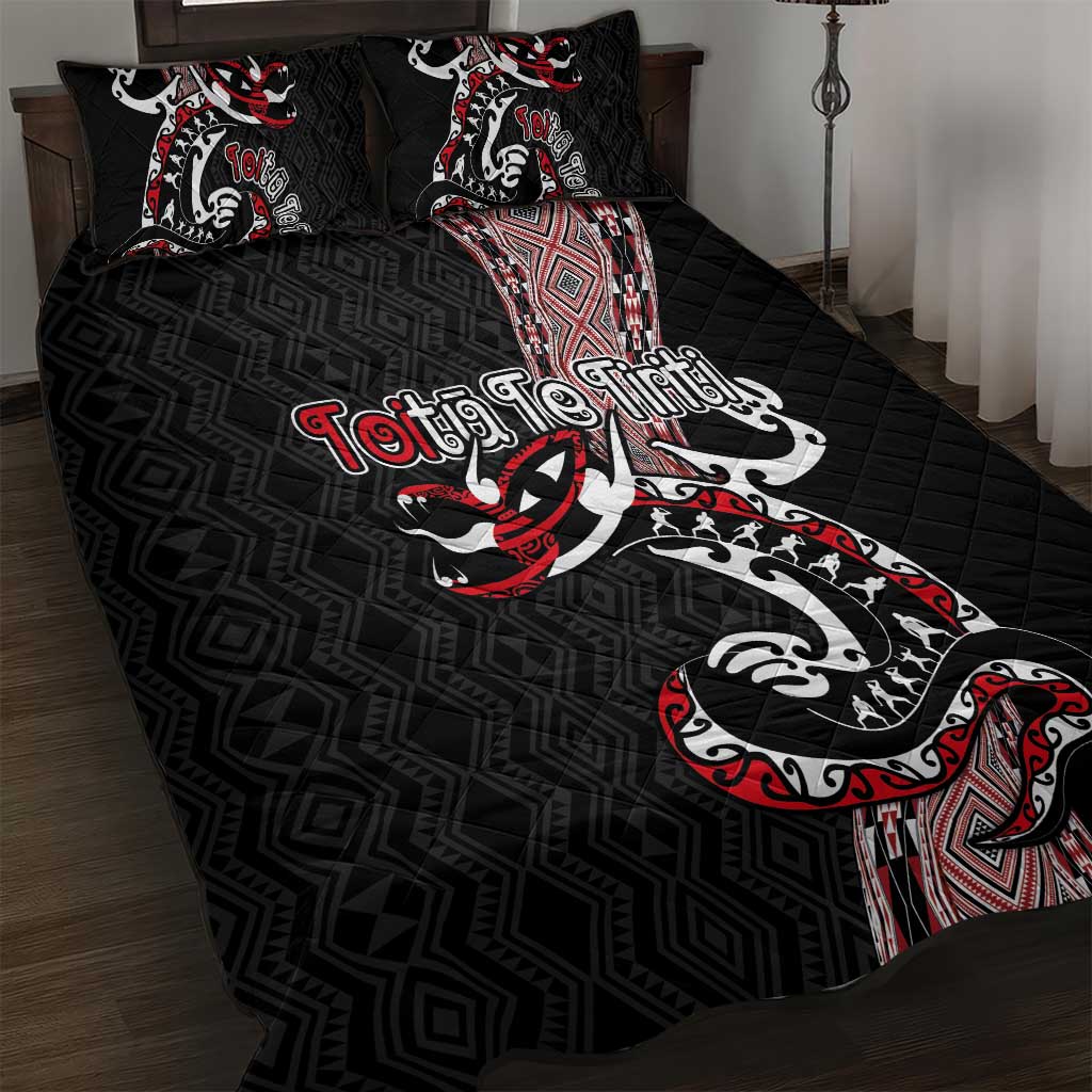 Aotearoa Toitu Te Tiriti Taniko Quilt Bed Set Maori Taniwha Haka - Honour the Treaty LT03 Black - Polynesian Pride