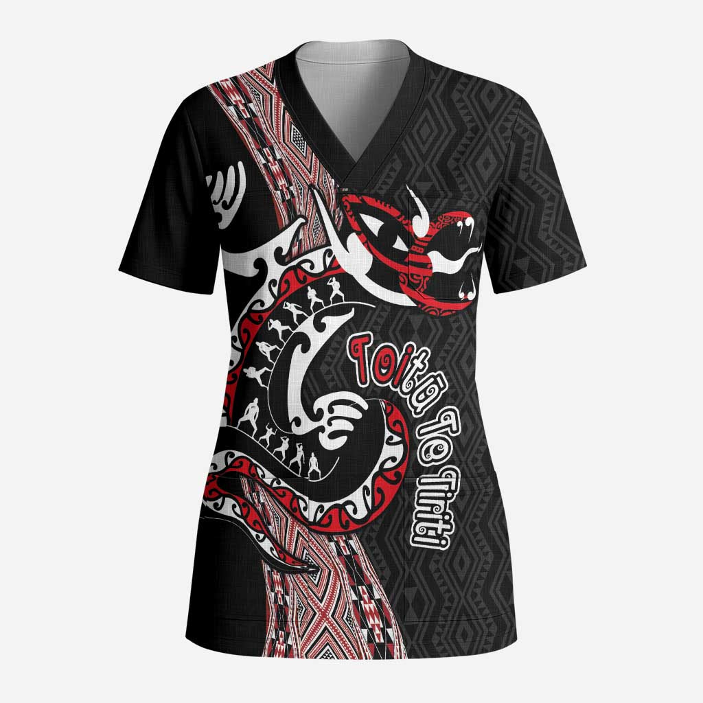 Aotearoa Toitu Te Tiriti Taniko Scrub Top Maori Taniwha Haka - Honour the Treaty LT03 Adult Black - Polynesian Pride