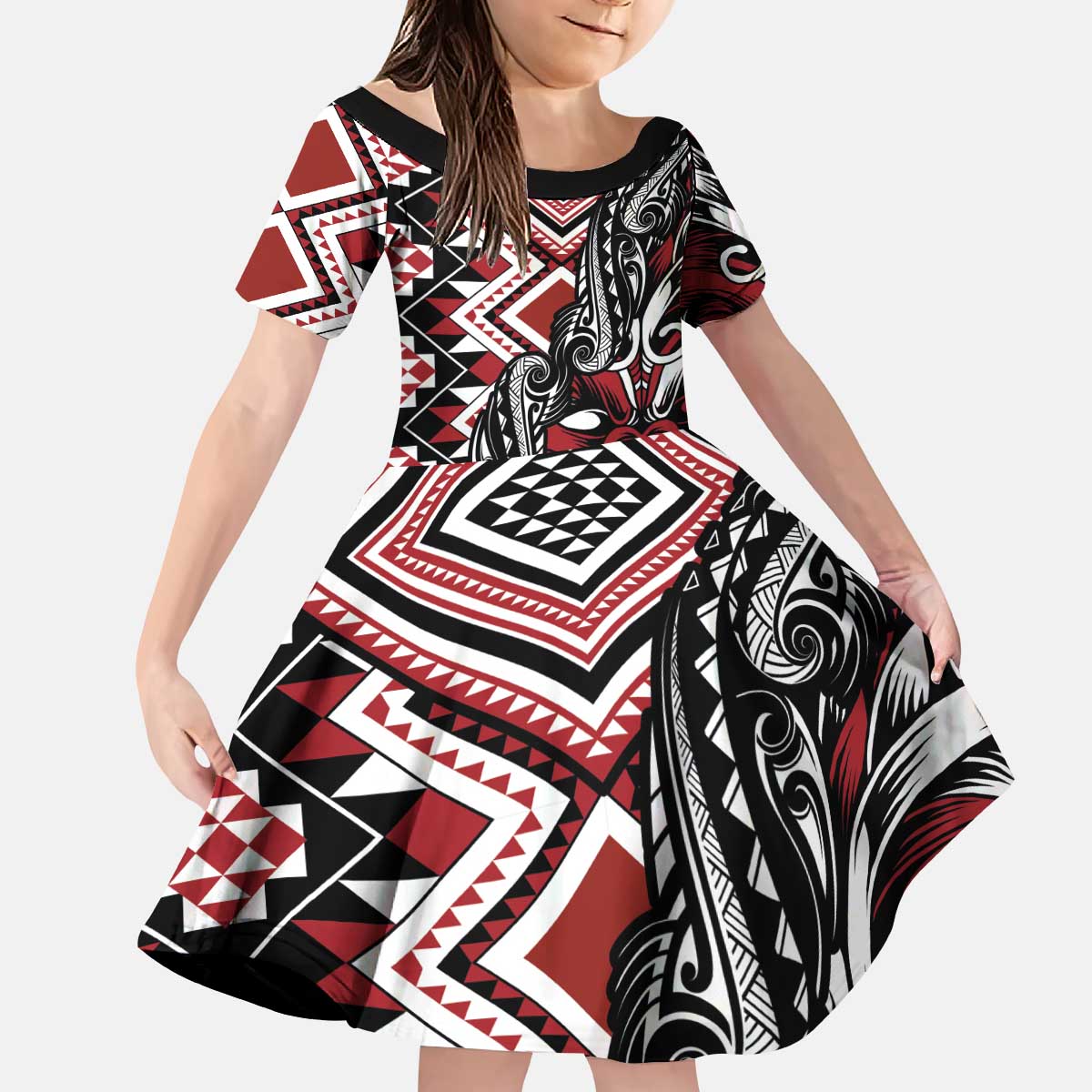 Aotearoa Maori Moko Art with Taniko Half Style Kid Short Sleeve Dress LT03 KID Black - Polynesian Pride