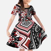 Aotearoa Maori Moko Art with Taniko Half Style Kid Short Sleeve Dress LT03 KID Black - Polynesian Pride