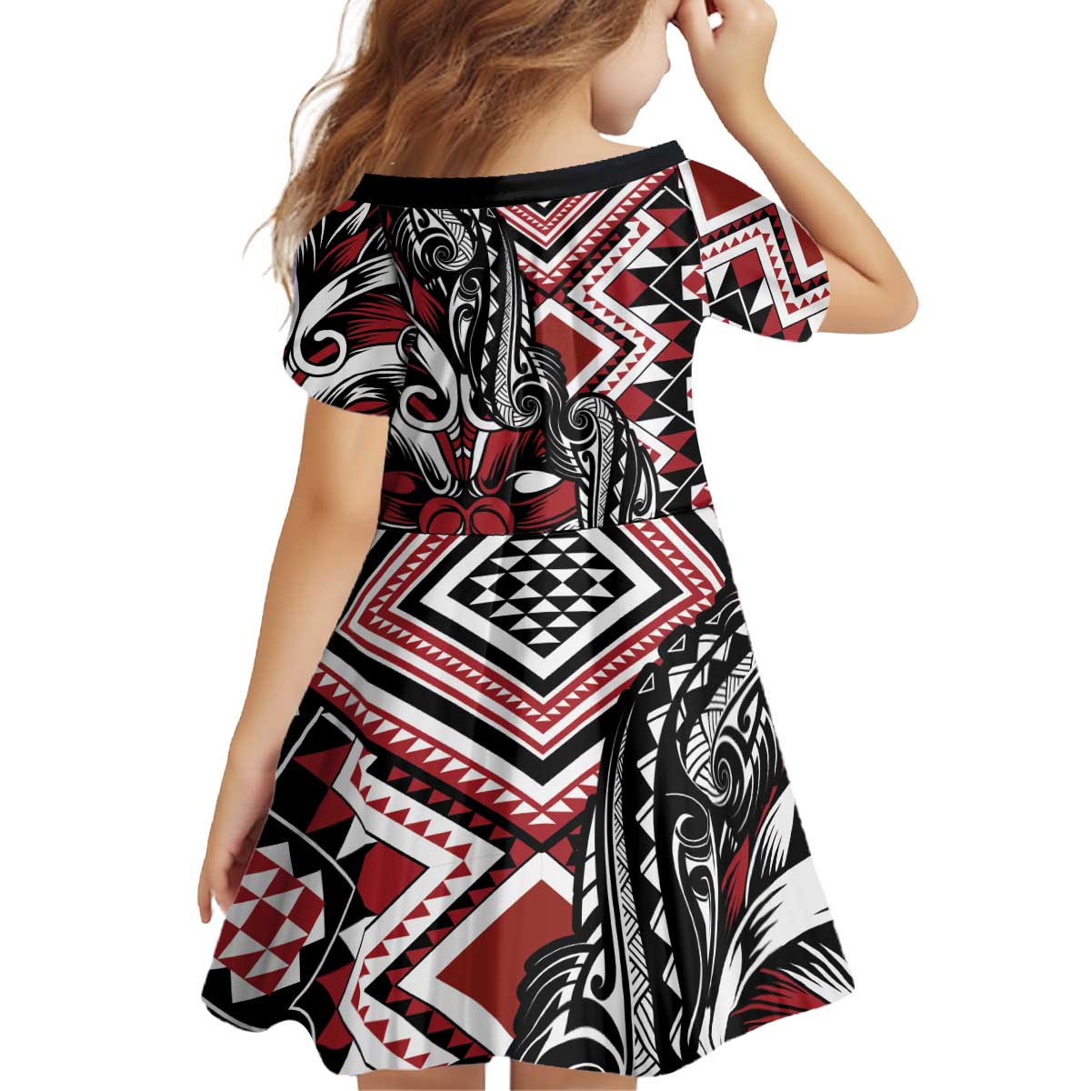 Aotearoa Maori Moko Art with Taniko Half Style Kid Short Sleeve Dress LT03 - Polynesian Pride
