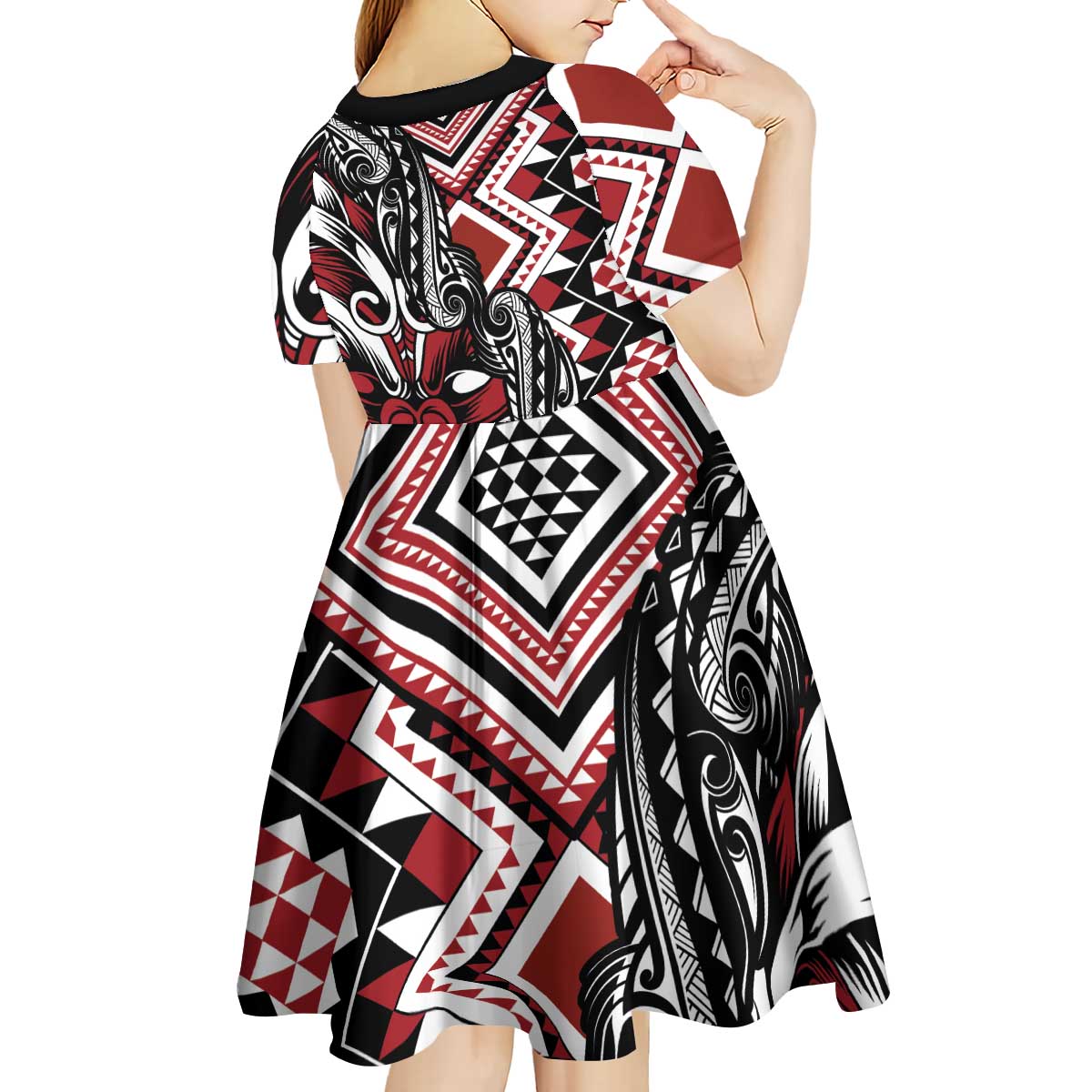 Aotearoa Maori Moko Art with Taniko Half Style Kid Short Sleeve Dress LT03 - Polynesian Pride