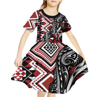 Aotearoa Maori Moko Art with Taniko Half Style Kid Short Sleeve Dress LT03 - Polynesian Pride