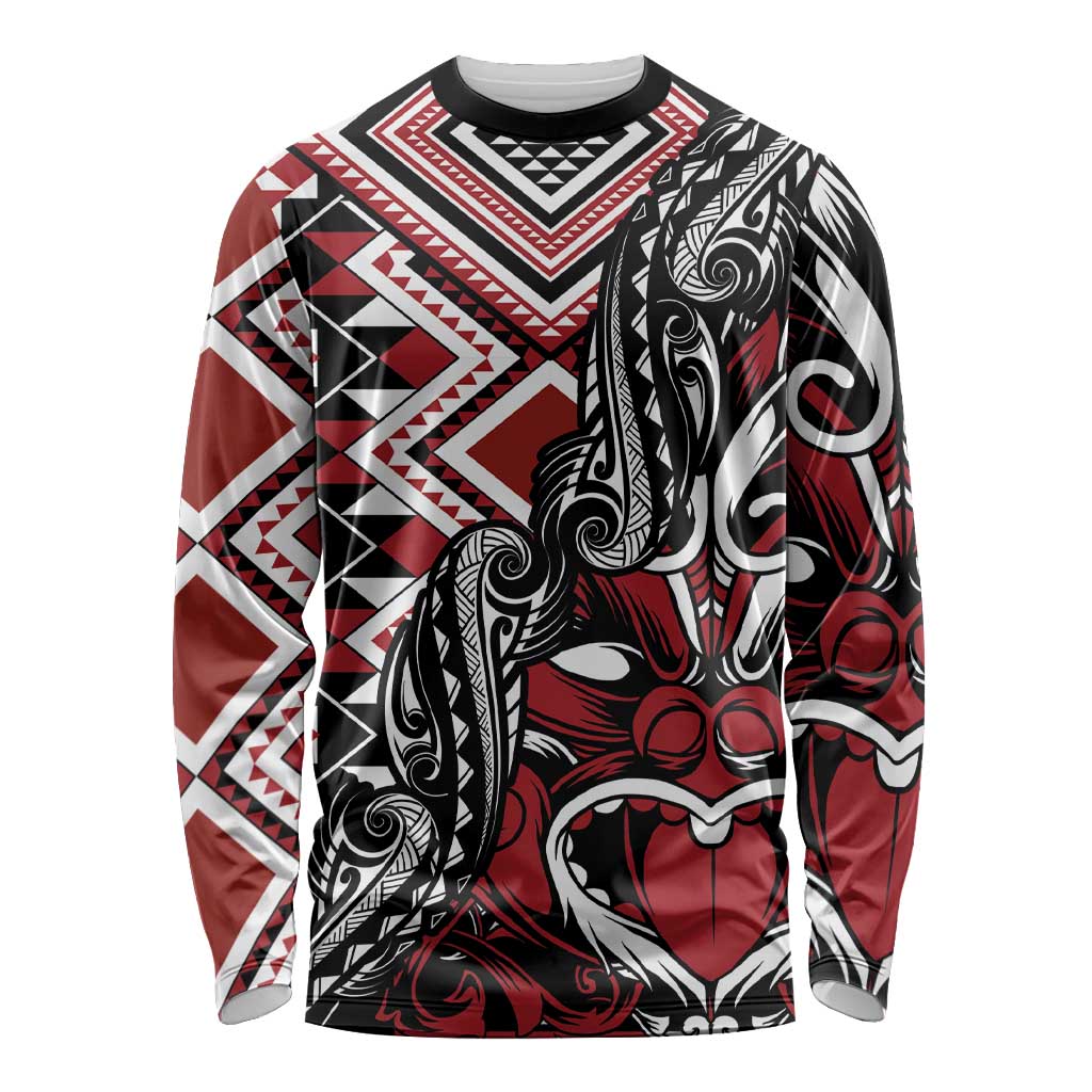 Aotearoa Maori Moko Art with Taniko Half Style Long Sleeve Shirt LT03 Unisex Black - Polynesian Pride