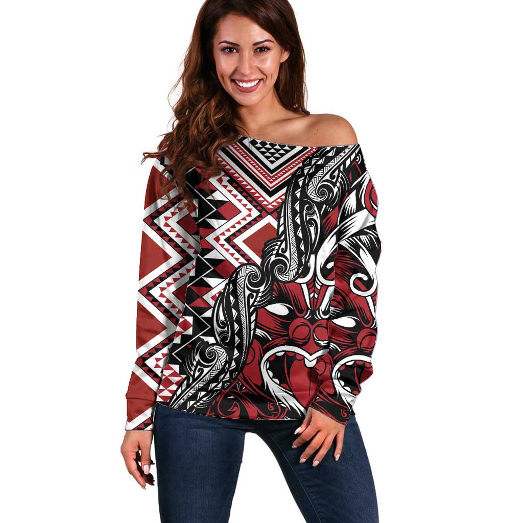 Aotearoa Maori Moko Art with Taniko Half Style Off Shoulder Sweater LT03 Women Black - Polynesian Pride