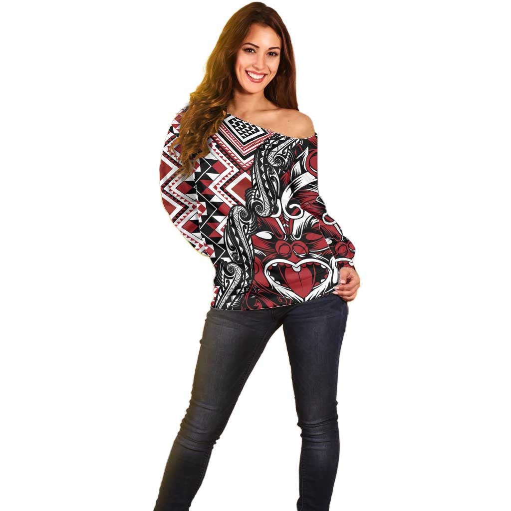 Aotearoa Maori Moko Art with Taniko Half Style Off Shoulder Sweater LT03 - Polynesian Pride