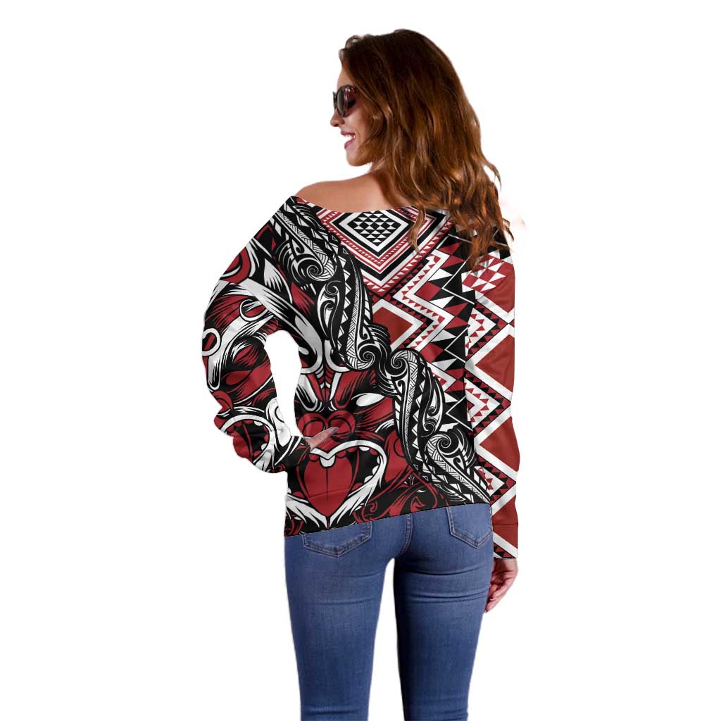 Aotearoa Maori Moko Art with Taniko Half Style Off Shoulder Sweater LT03 - Polynesian Pride
