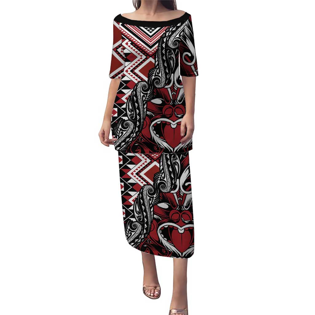 Aotearoa Maori Moko Art with Taniko Half Style Puletasi LT03 Long Dress Black - Polynesian Pride