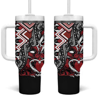 Aotearoa Maori Moko Art with Taniko Half Style Tumbler With Handle LT03 One Size: 40 oz Black - Polynesian Pride
