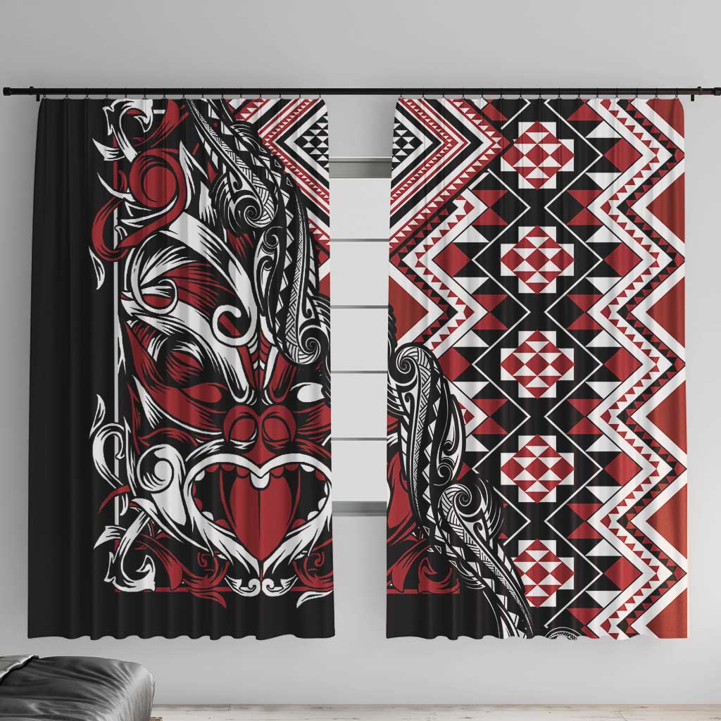 Aotearoa Maori Moko Art with Taniko Half Style Window Curtain LT03 With Hooks Black - Polynesian Pride