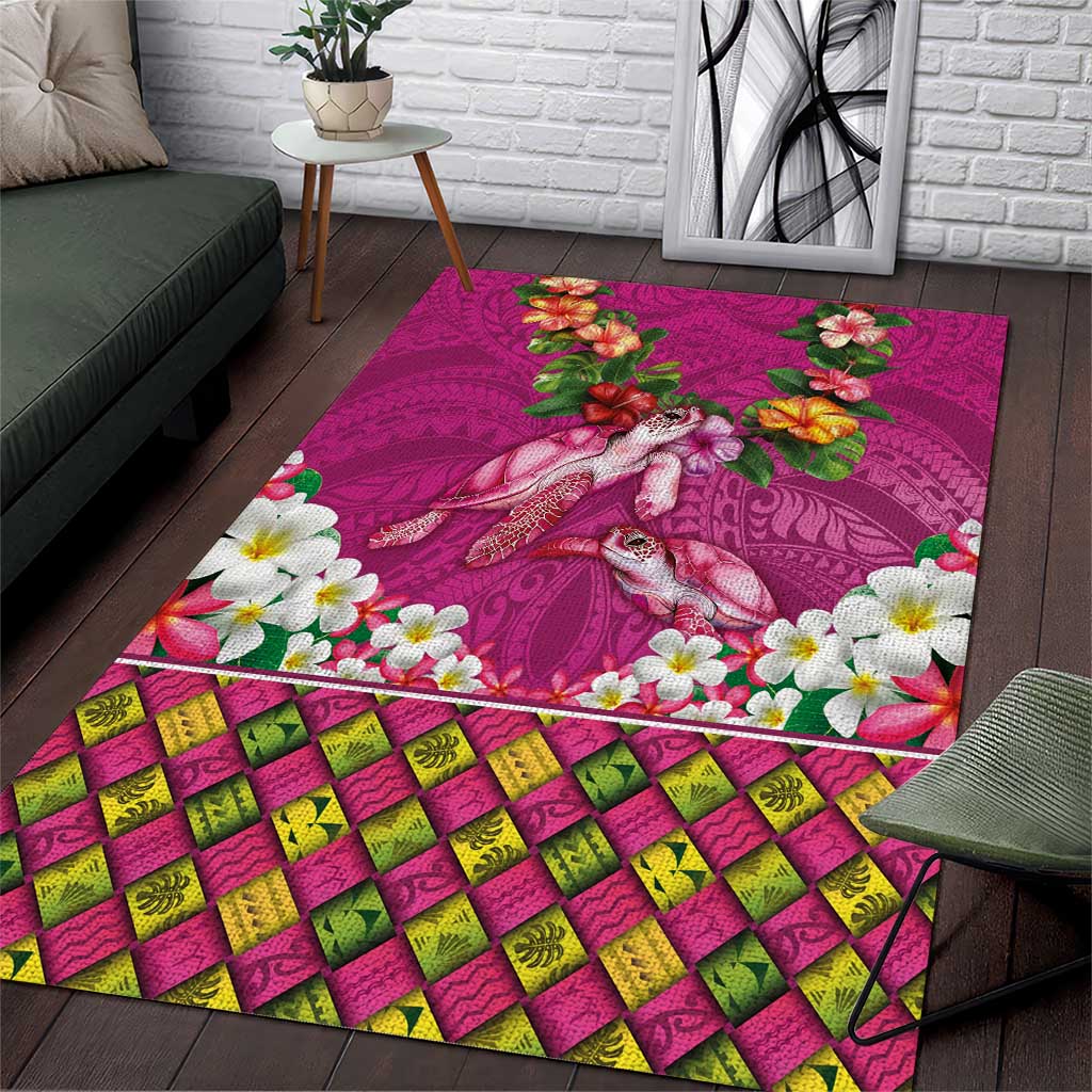 Hawaiian Lei Turtle and Plumeria Area Rug Polynerian Art Tattoo-Plum Pink Color LT03 Pink - Polynesian Pride