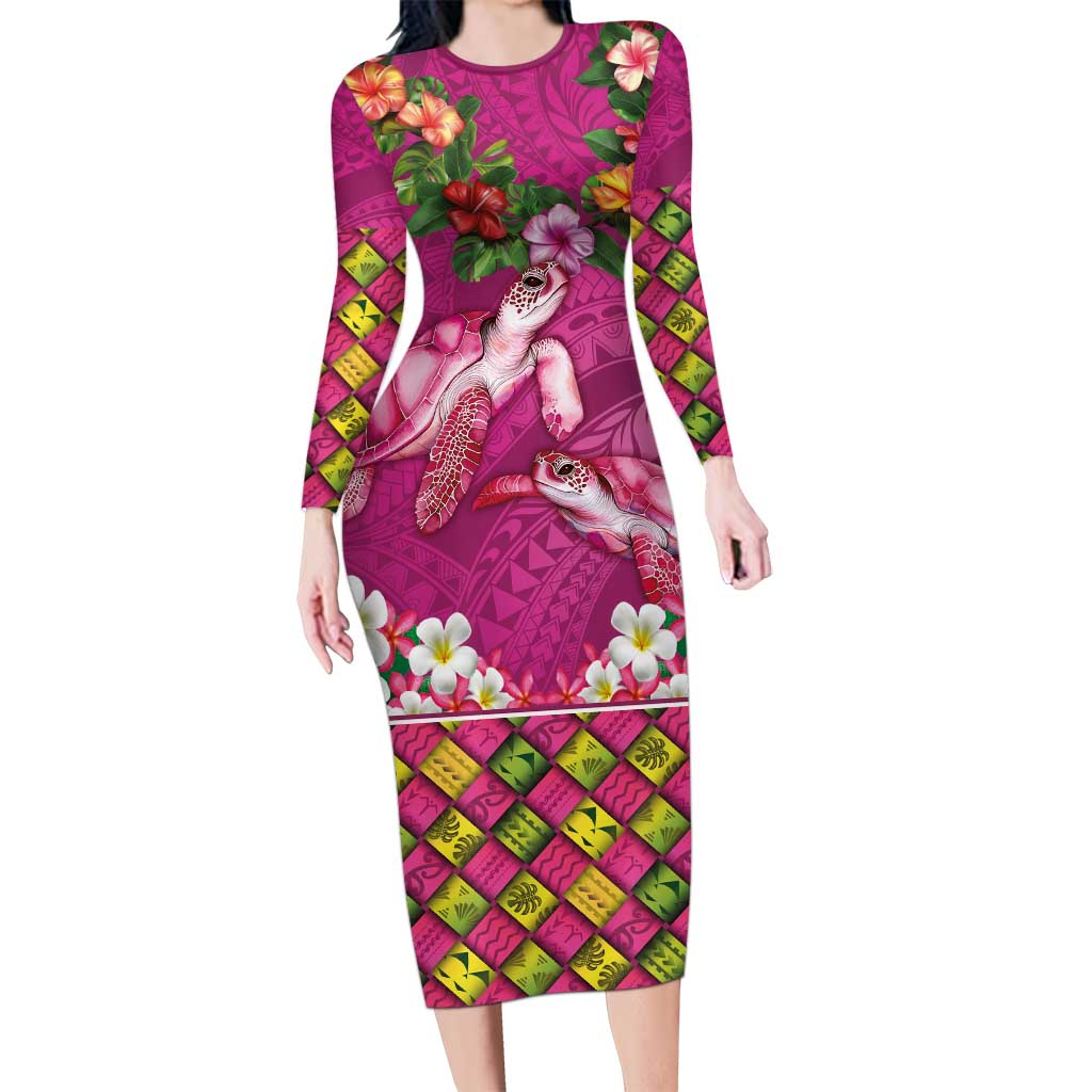 Hawaiian Lei Turtle and Plumeria Long Sleeve Bodycon Dress Polynerian Art Tattoo-Plum Pink Color