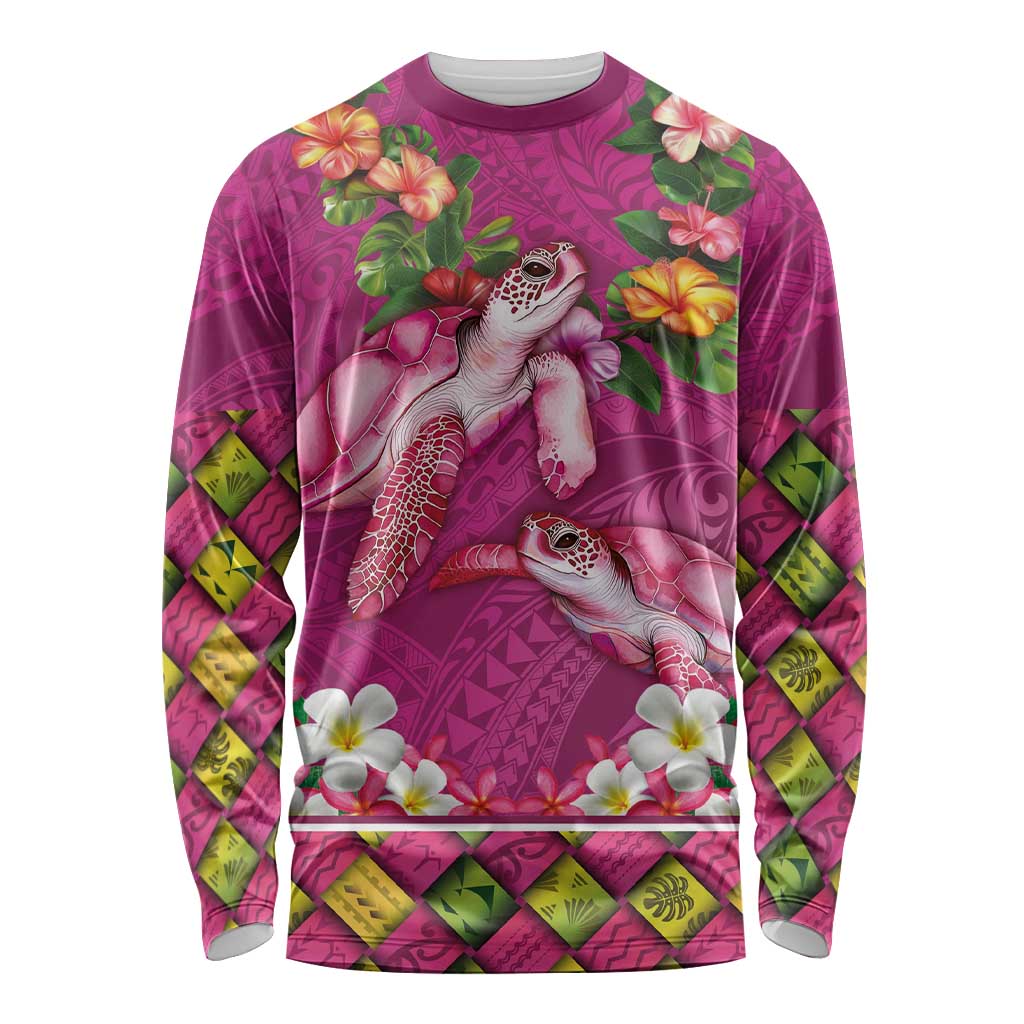 Hawaiian Lei Turtle and Plumeria Long Sleeve Shirt Polynerian Art Tattoo-Plum Pink Color LT03 Unisex Pink - Polynesian Pride