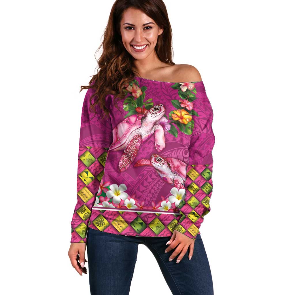 Hawaiian Lei Turtle and Plumeria Off Shoulder Sweater Polynerian Art Tattoo-Plum Pink Color LT03 Women Pink - Polynesian Pride