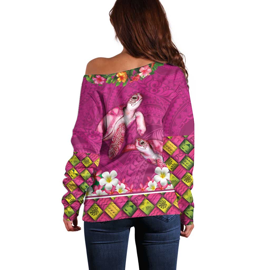 Hawaiian Lei Turtle and Plumeria Off Shoulder Sweater Polynerian Art Tattoo-Plum Pink Color LT03 - Polynesian Pride