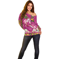 Hawaiian Lei Turtle and Plumeria Off Shoulder Sweater Polynerian Art Tattoo-Plum Pink Color LT03 - Polynesian Pride