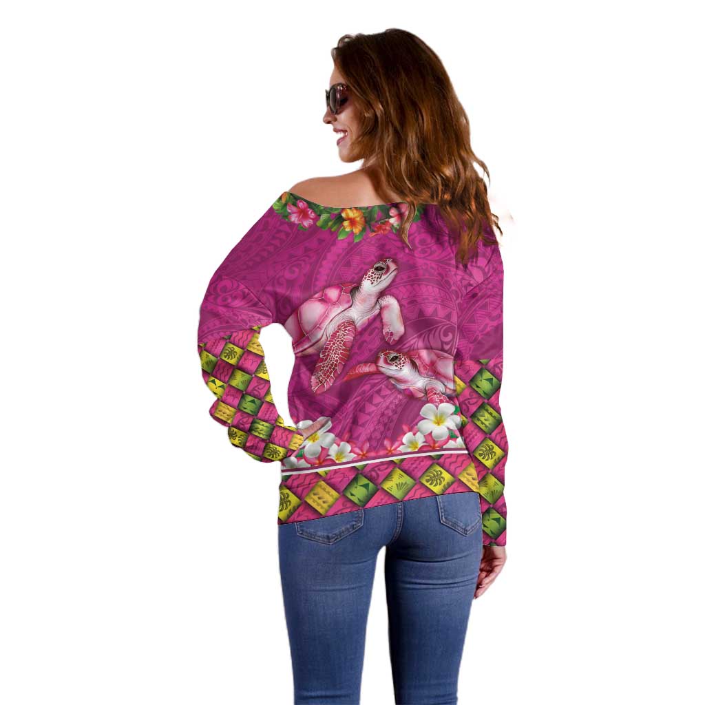 Hawaiian Lei Turtle and Plumeria Off Shoulder Sweater Polynerian Art Tattoo-Plum Pink Color LT03 - Polynesian Pride