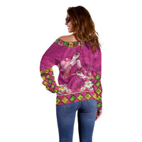 Hawaiian Lei Turtle and Plumeria Off Shoulder Sweater Polynerian Art Tattoo-Plum Pink Color LT03 - Polynesian Pride
